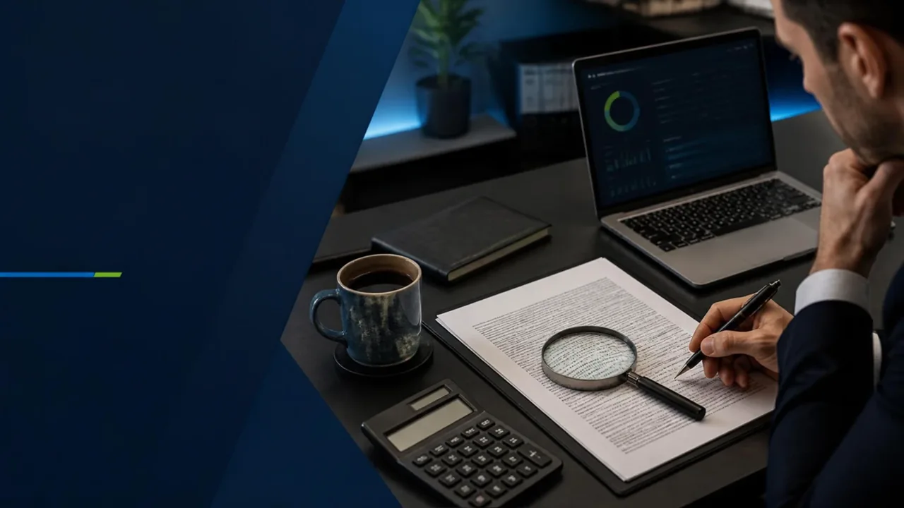Profissional analisa um contrato de software com lupa, calculadora e computador sobre a mesa.