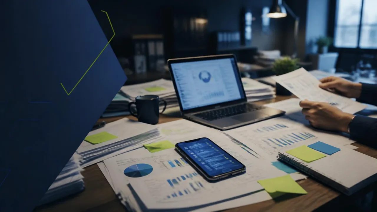 Profissional analisa relatórios e indicadores em uma mesa com notebook, celular e documentos.