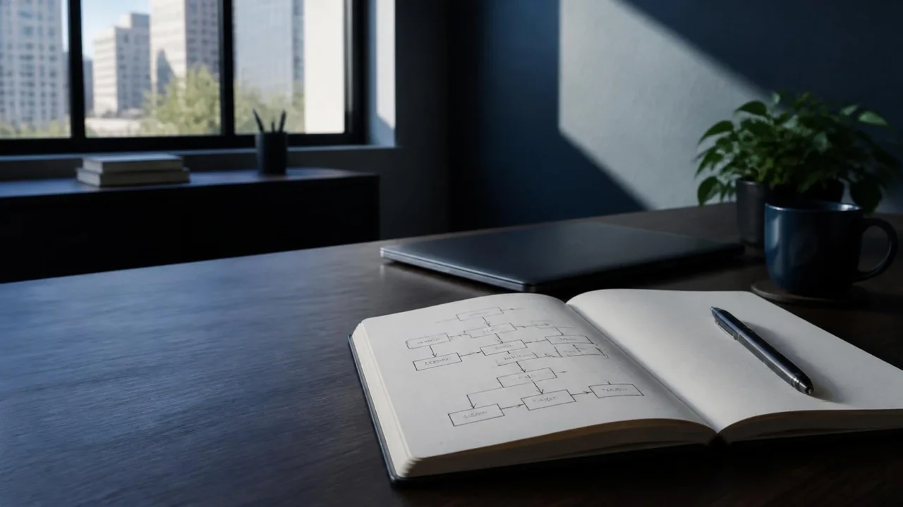 Caderno aberto com fluxograma de processos ao lado de um notebook, caneta e xícara em uma mesa de escritório.