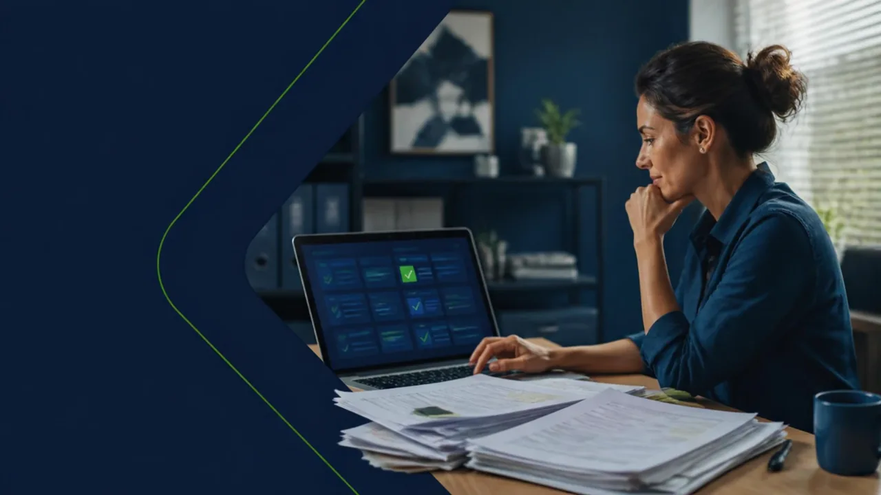 Profissional analisa documentos em papel ao lado de um computador com ferramentas digitais.
