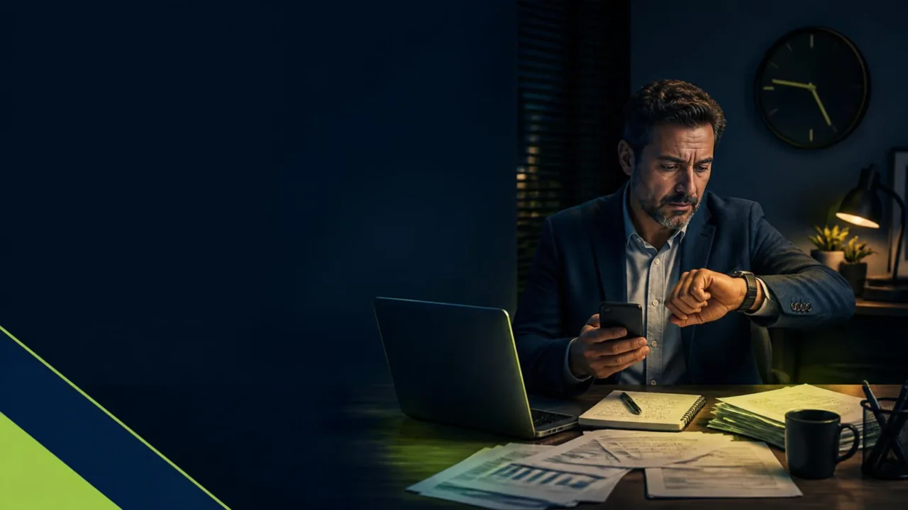 Empresário confere o relógio enquanto trabalha ao lado de planilhas e documentos.
